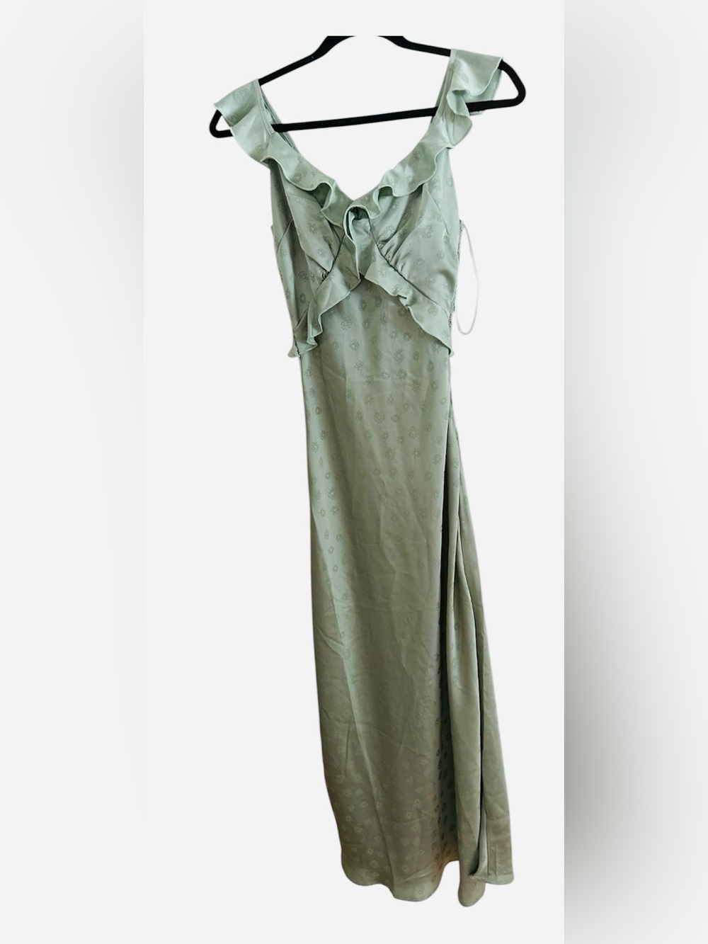 Satin Ruffle Front Maxi Dress in Light Sage